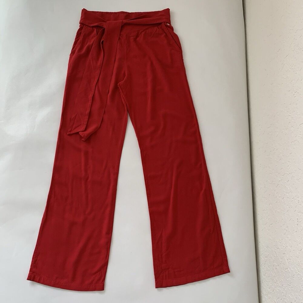 High-Rise Wide Leg Pants with Self Tie Belt - Red